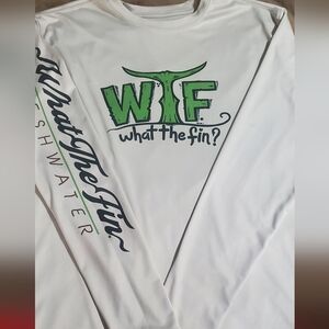 What The Fin Men's Cream Long Sleeve Shirt With Design On Back And Front. Sz M